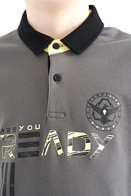 Dark Gray Print Pattern Standard Fit Polo Collar Boys' T-Shirt - 11143