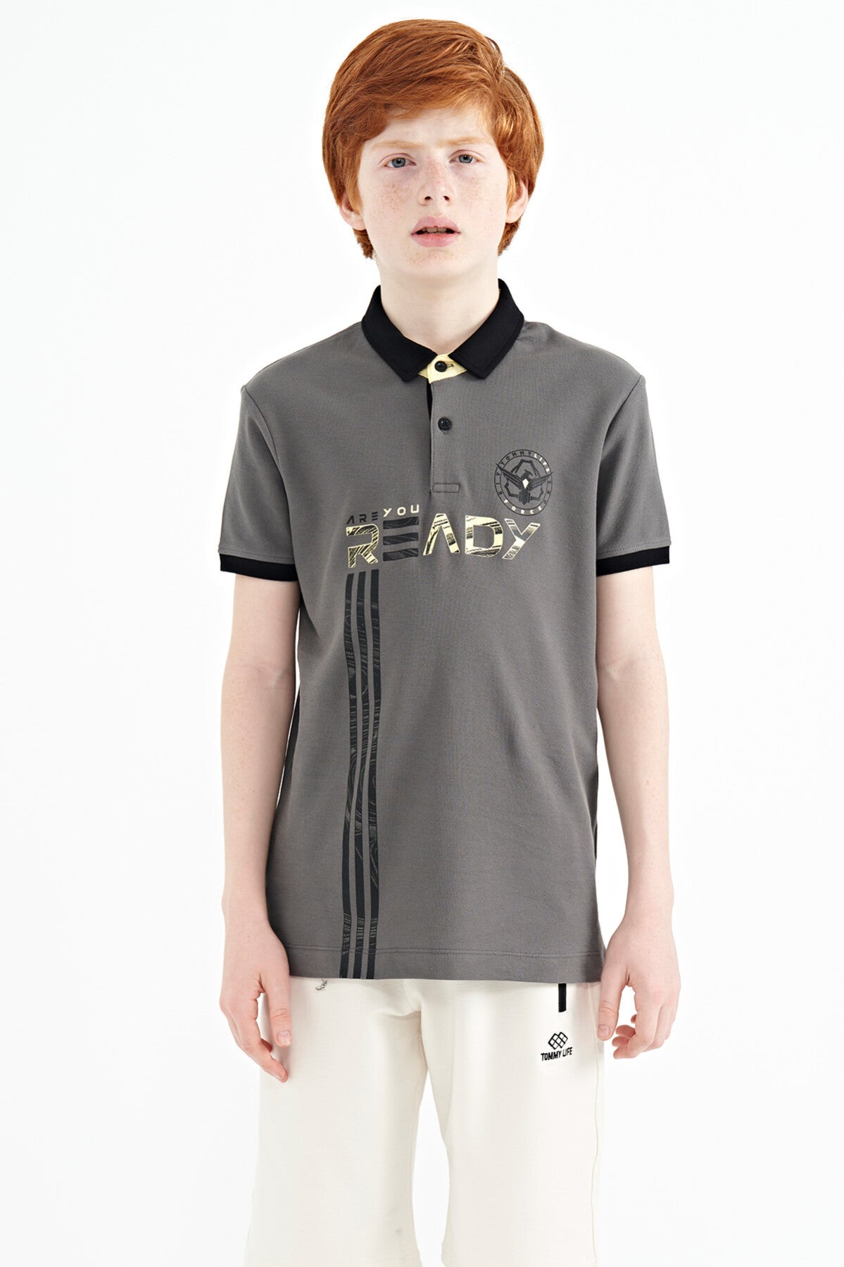 Dark Gray Print Pattern Standard Fit Polo Collar Boys' T-Shirt - 11143