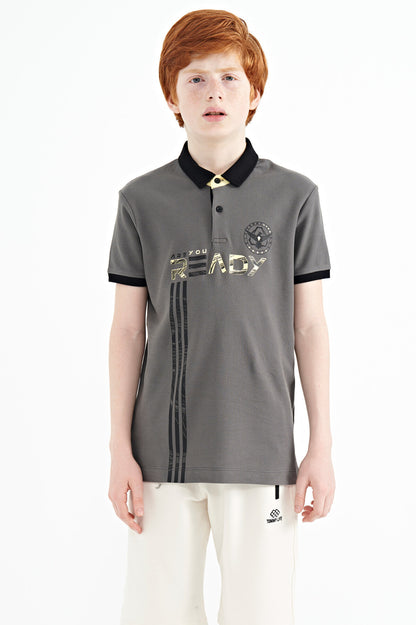 Dark Gray Print Pattern Standard Fit Polo Collar Boys' T-Shirt - 11143