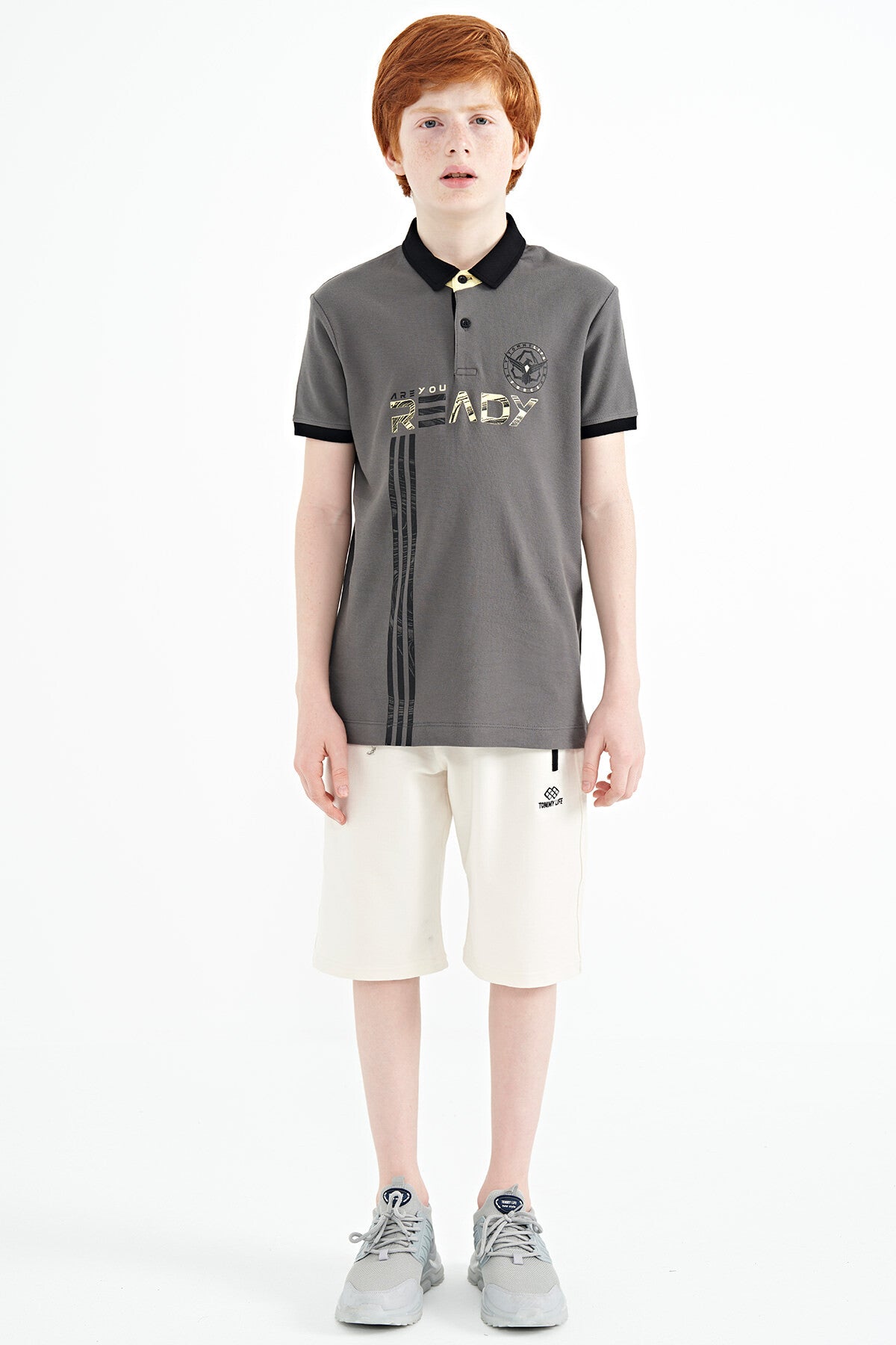 Dark Gray Print Pattern Standard Fit Polo Collar Boys' T-Shirt - 11143
