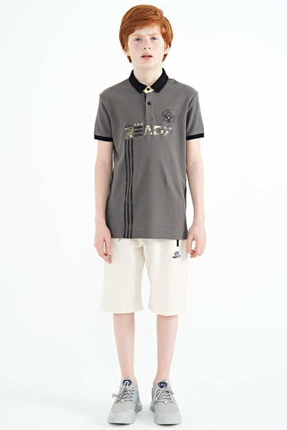 Dark Gray Print Pattern Standard Fit Polo Collar Boys' T-Shirt - 11143