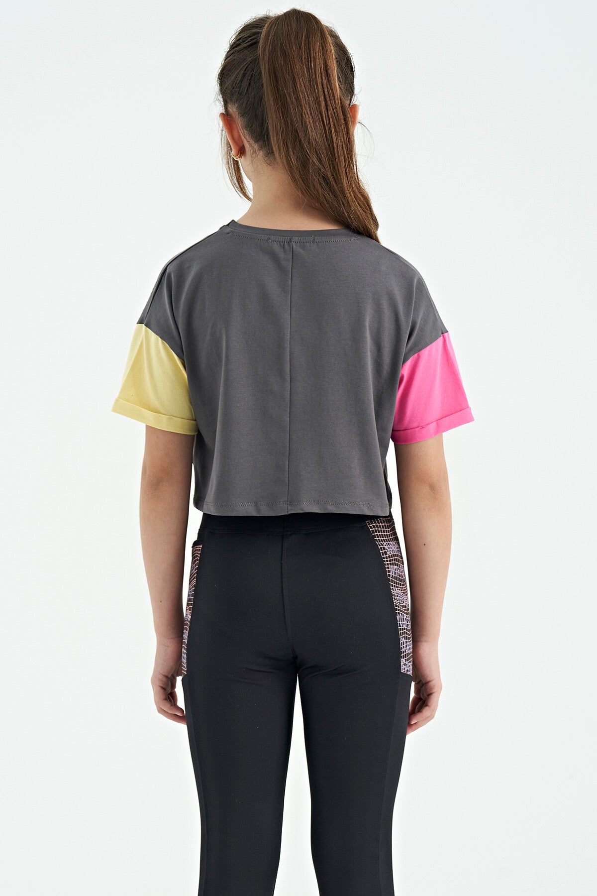 Dark Gray Print O Collar Low Shoulder Oversize Girl's T-Shirt - 75130