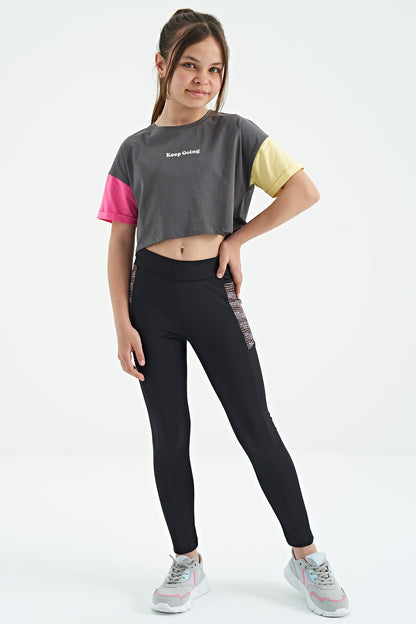 Dark Gray Print O Collar Low Shoulder Oversize Girl's T-Shirt - 75130