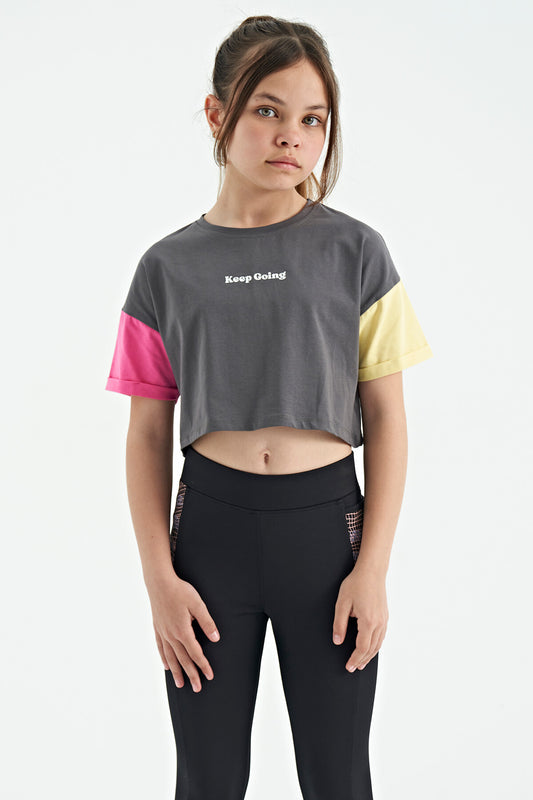 Dark Gray Print O Collar Low Shoulder Oversize Girl's T-Shirt - 75130