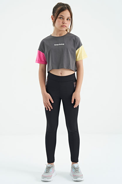 Dark Gray Print O Collar Low Shoulder Oversize Girl's T-Shirt - 75130