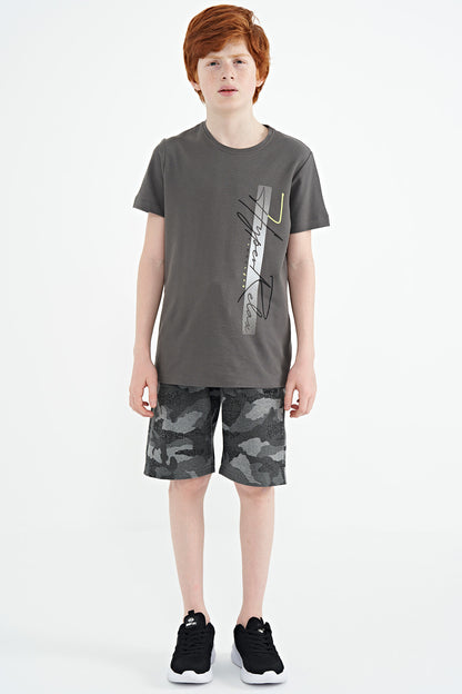 Dark Grey Print O Collar Standard Fit Boys' T-Shirt - 11119