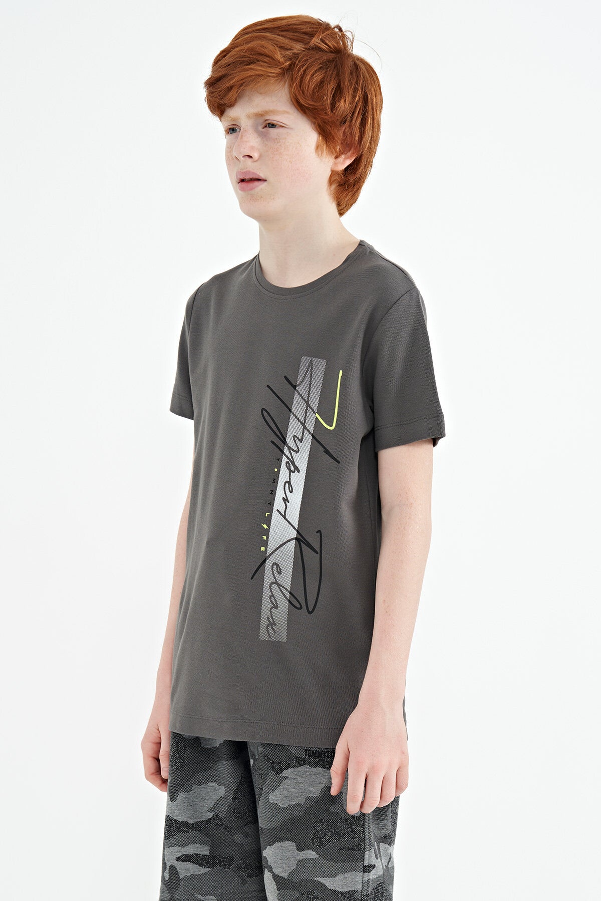 Dark Grey Print O Collar Standard Fit Boys' T-Shirt - 11119