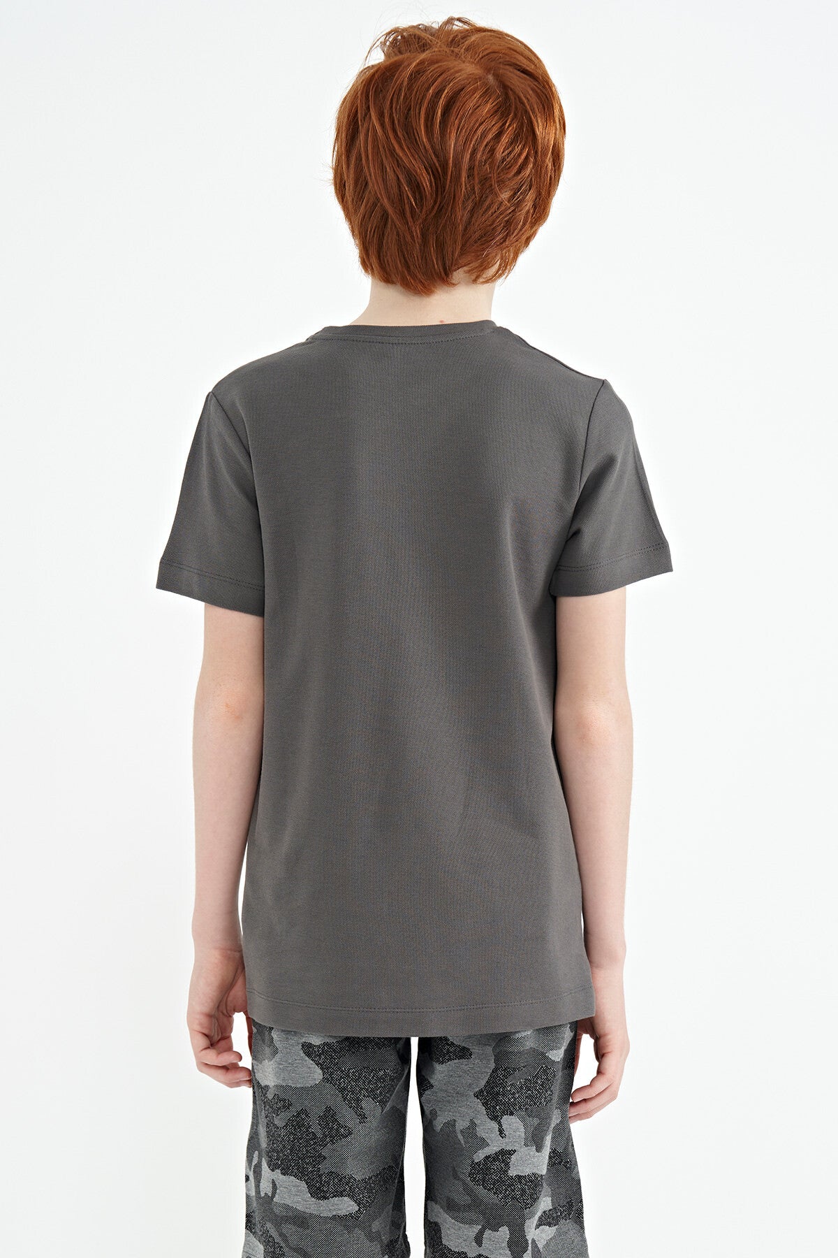 Dark Grey Print O Collar Standard Fit Boys' T-Shirt - 11119