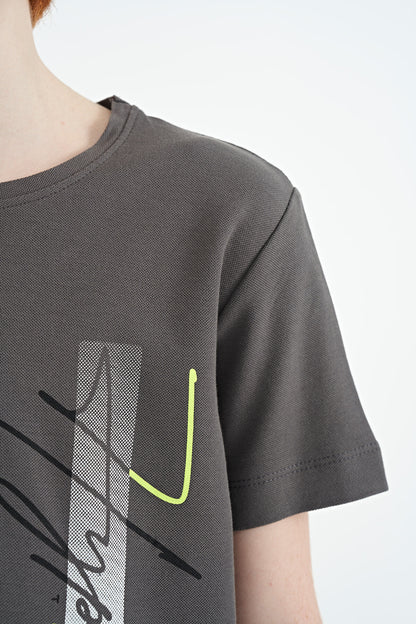 Dark Grey Print O Collar Standard Fit Boys' T-Shirt - 11119