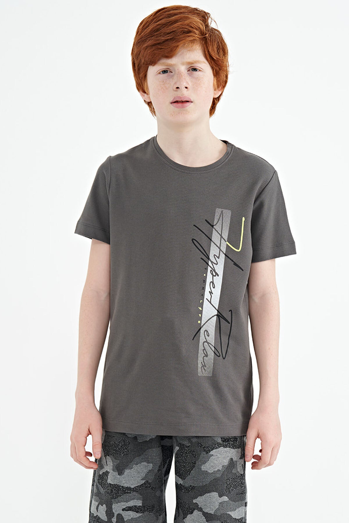 Dark Grey Print O Collar Standard Fit Boys' T-Shirt - 11119