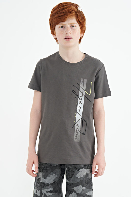 Dark Grey Print O Collar Standard Fit Boys' T-Shirt - 11119