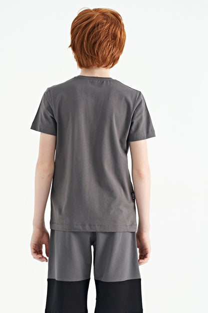 Dark Gray Print O Collar Standard Fit Boys T-Shirt - 11149
