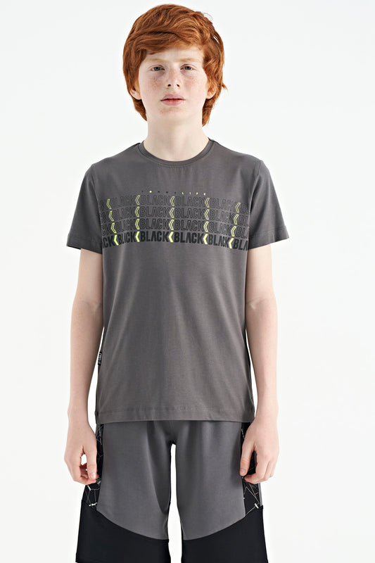 Dark Gray Print O Collar Standard Fit Boys T-Shirt - 11149