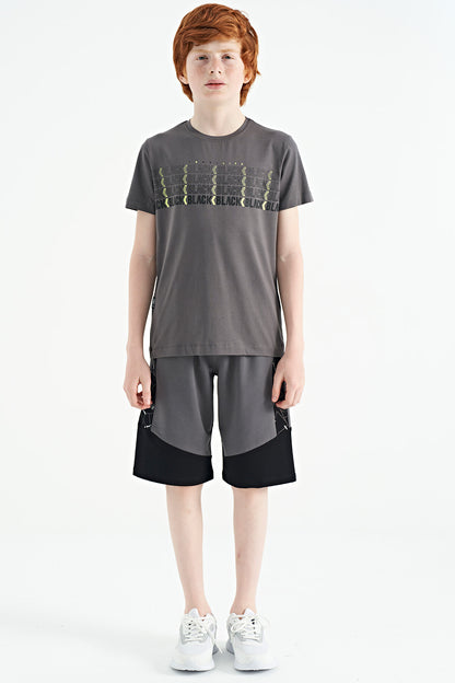 Dark Gray Print O Collar Standard Fit Boys T-Shirt - 11149