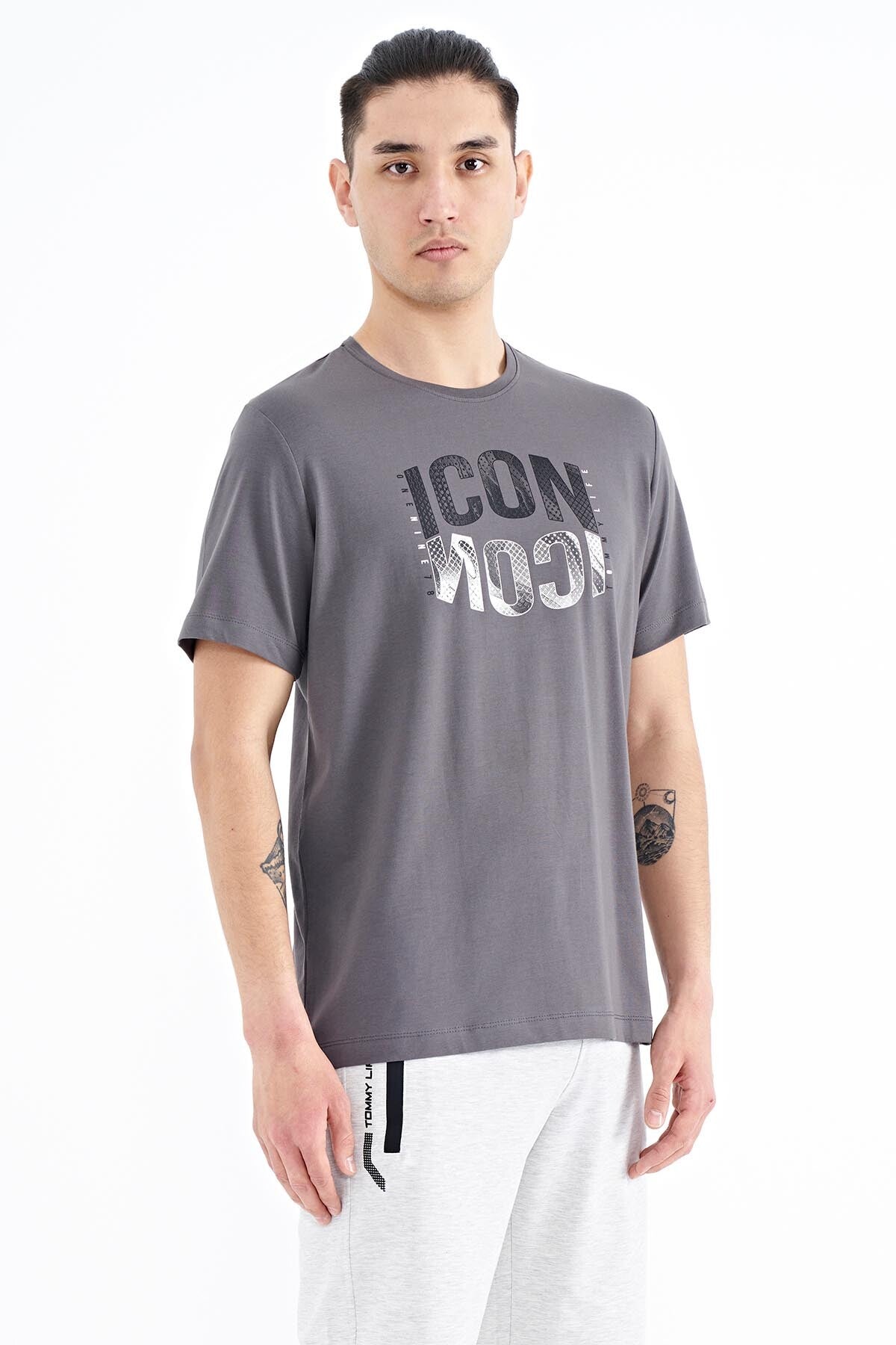 Dark Gray Print O Collar Standard Fit Men's T-Shirt - 88174