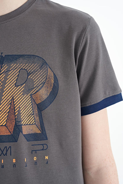 Dark Grey Print Standard Fit O Neck Boys T-Shirt - 11098