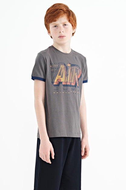 Dark Grey Print Standard Fit O Neck Boys T-Shirt - 11098