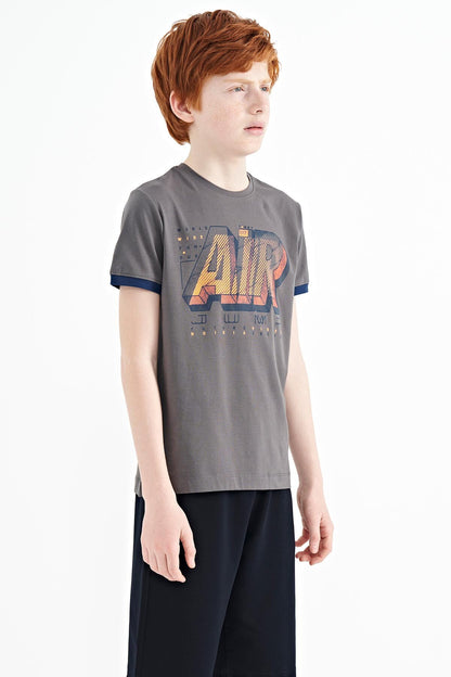 Dark Grey Print Standard Fit O Neck Boys T-Shirt - 11098