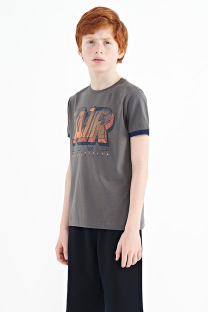 Dark Grey Print Standard Fit O Neck Boys T-Shirt - 11098