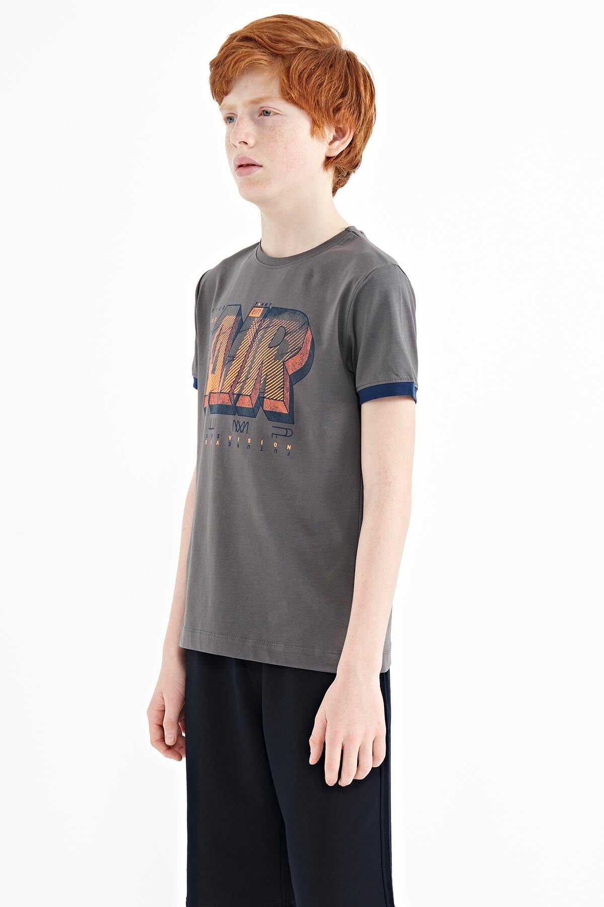 Dark Grey Print Standard Fit O Neck Boys T-Shirt - 11098