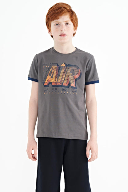 Dark Grey Print Standard Fit O Neck Boys T-Shirt - 11098