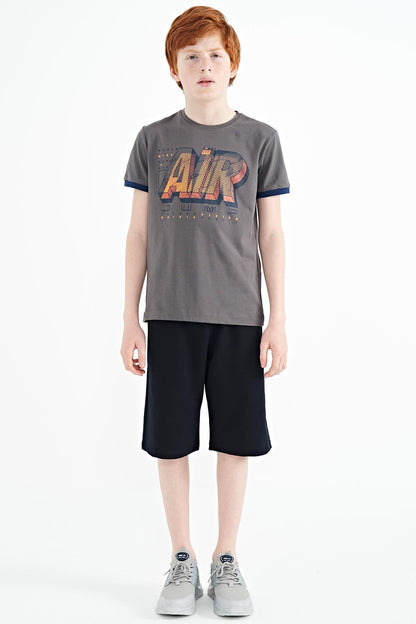 Dark Grey Print Standard Fit O Neck Boys T-Shirt - 11098