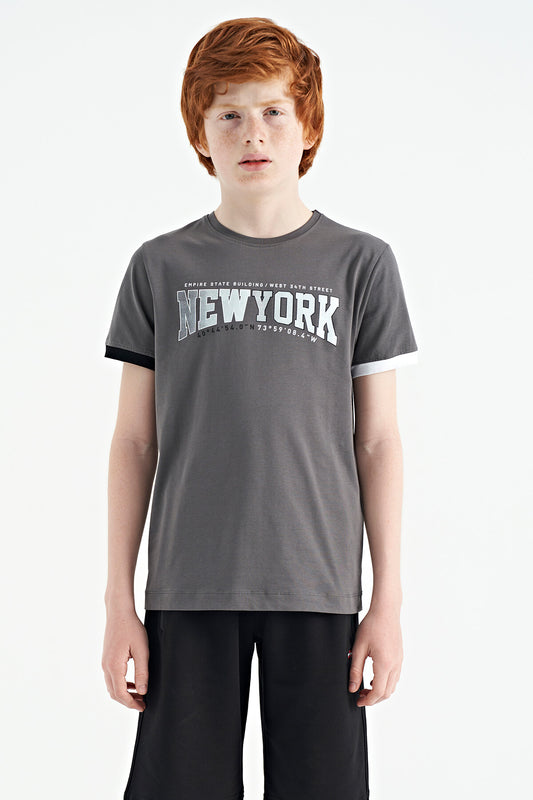 Dark Grey Print Standard Fit O Neck Boy's T-Shirt - 11105