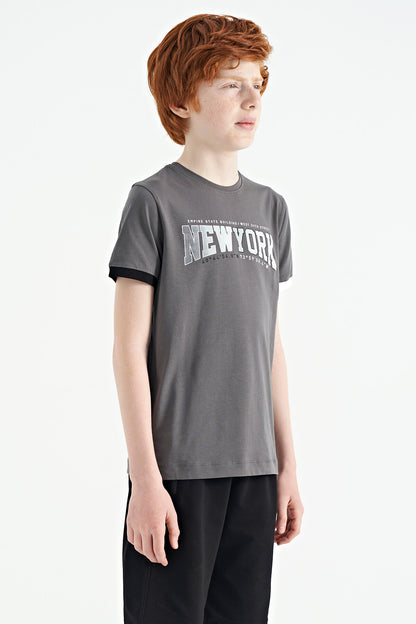 Dark Grey Print Standard Fit O Neck Boy's T-Shirt - 11105