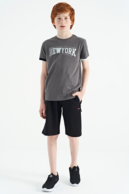 Dark Grey Print Standard Fit O Neck Boy's T-Shirt - 11105