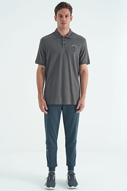 Dark Gray Embroidered Print Detailed Standard Fit Polo Collar Men's T-Shirt - 88239