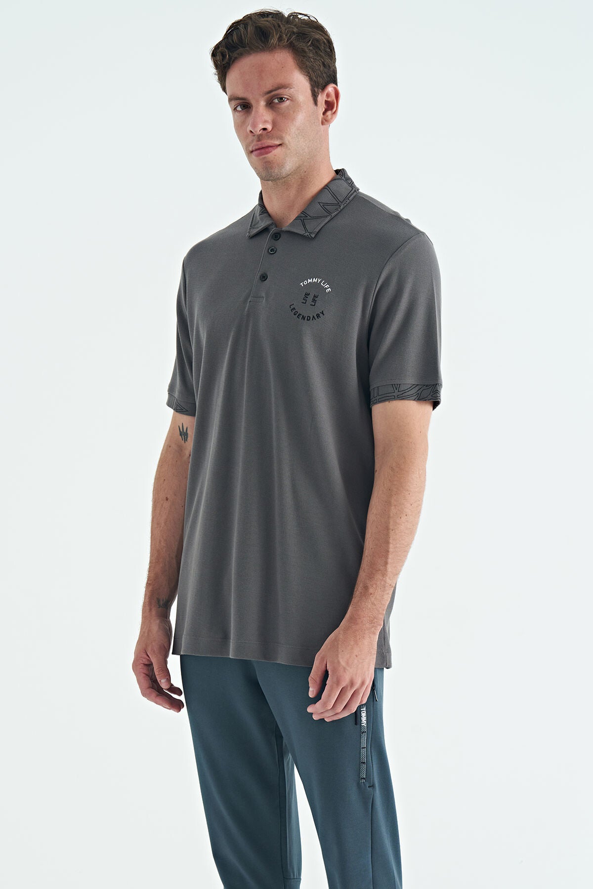 Dark Gray Embroidered Print Detailed Standard Fit Polo Collar Men's T-Shirt - 88239