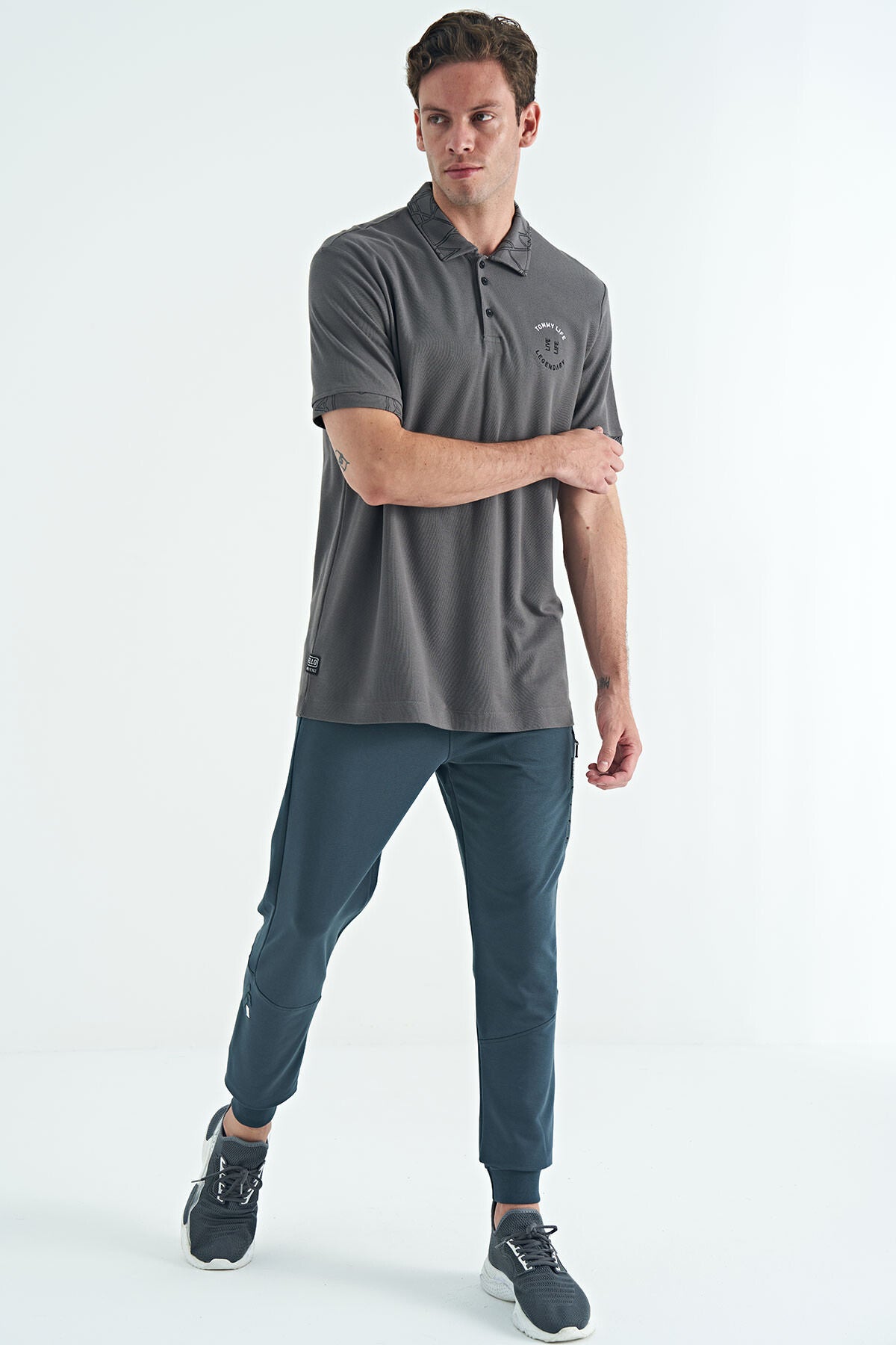 Dark Gray Embroidered Print Detailed Standard Fit Polo Collar Men's T-Shirt - 88239