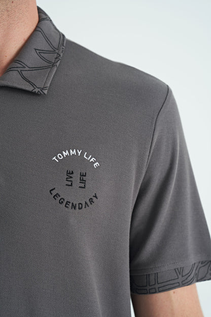 Dark Gray Embroidered Print Detailed Standard Fit Polo Collar Men's T-Shirt - 88239