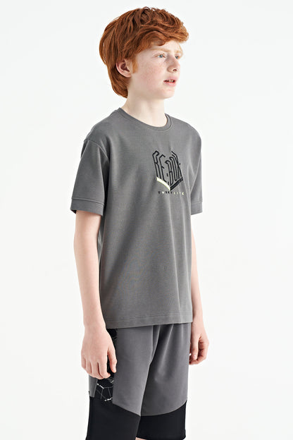 Dark Grey Embroidered O Collar Oversize Boys' T-Shirt - 11151