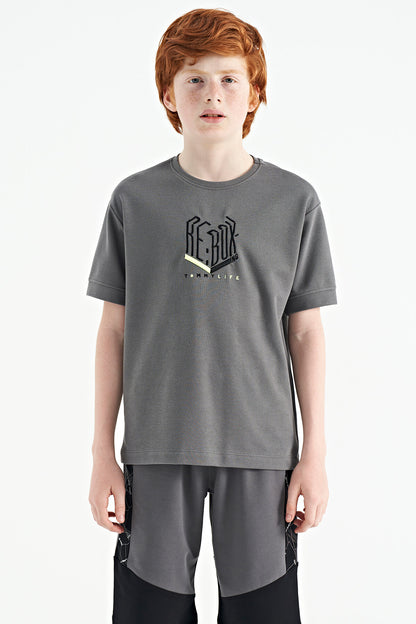 Dark Grey Embroidered O Collar Oversize Boys' T-Shirt - 11151