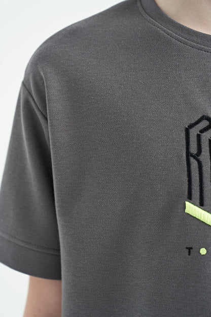 Dark Grey Embroidered O Collar Oversize Boys' T-Shirt - 11151