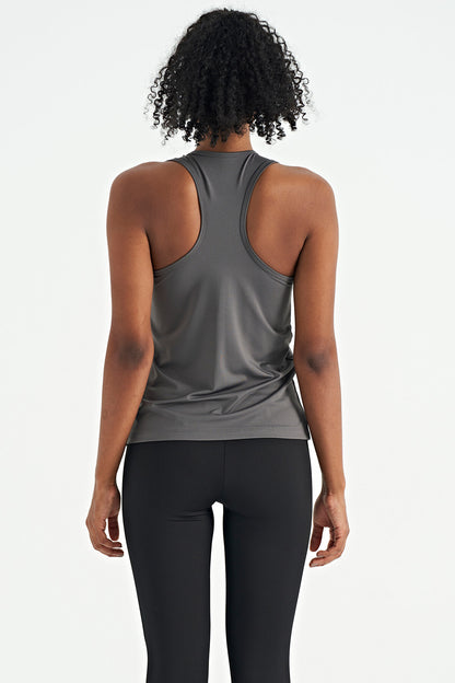 Dark Gray Slit Detailed O Collar Sleeveless Standard Fit Women's Sports Singlet - 97256