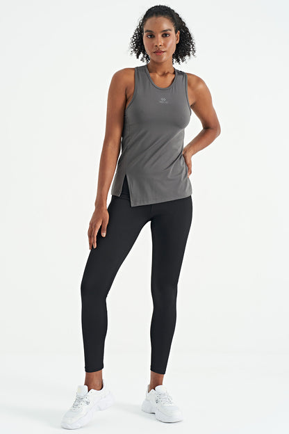 Dark Gray Slit Detailed O Collar Sleeveless Standard Fit Women's Sports Singlet - 97256