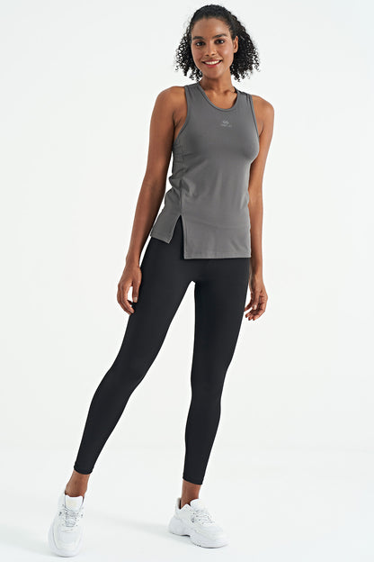 Dark Gray Slit Detailed O Collar Sleeveless Standard Fit Women's Sports Singlet - 97256