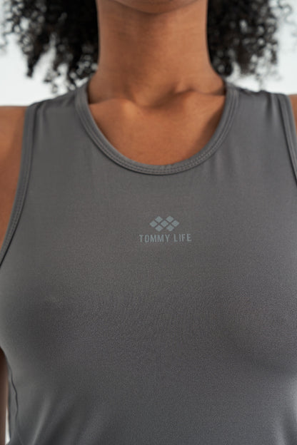 Dark Gray Slit Detailed O Collar Sleeveless Standard Fit Women's Sports Singlet - 97256