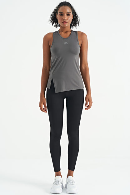 Dark Gray Slit Detailed O Collar Sleeveless Standard Fit Women's Sports Singlet - 97256