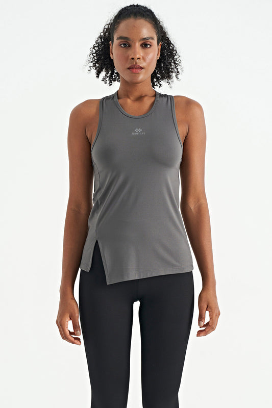 Dark Gray Slit Detailed O Collar Sleeveless Standard Fit Women's Sports Singlet - 97256