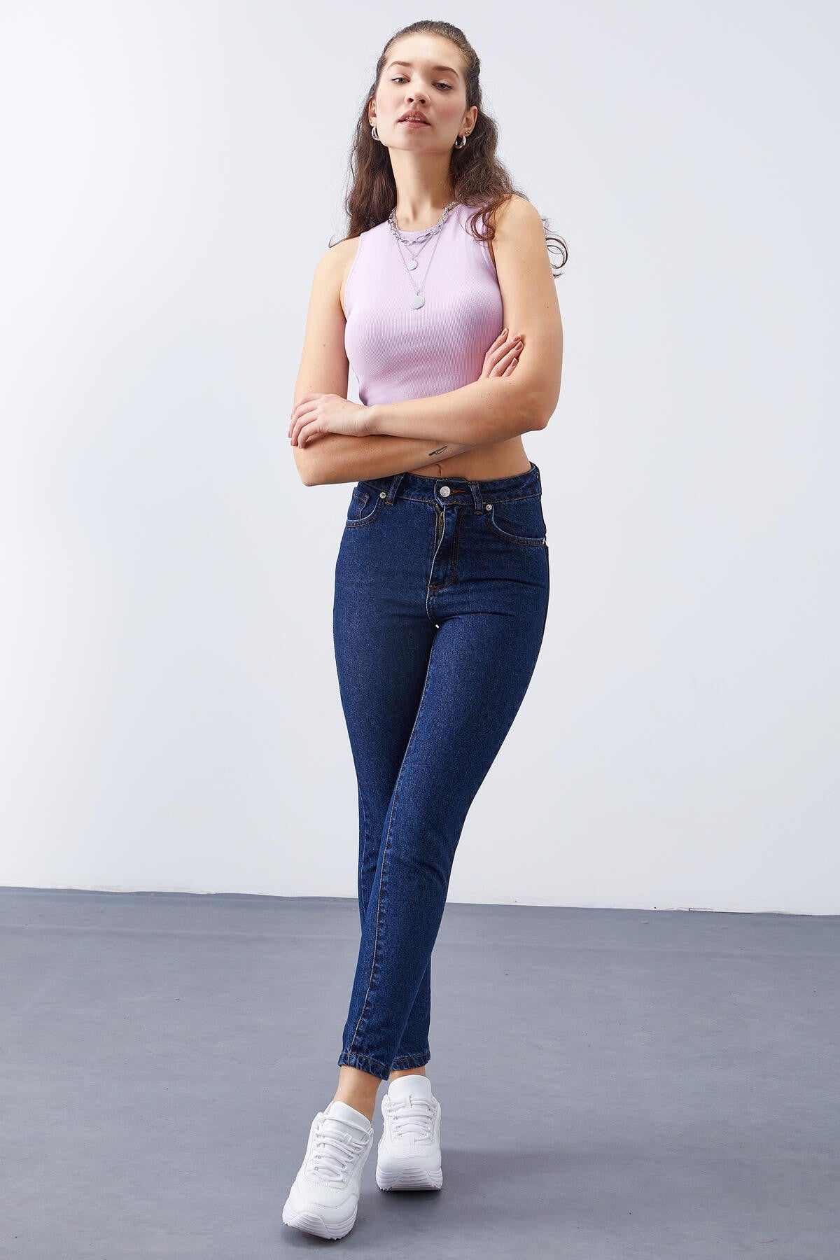 Dark Blue High-Waist Slim Fit Women's Trousers - 94612