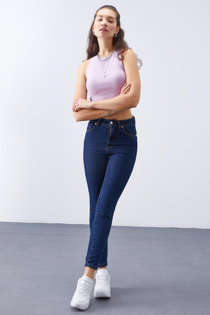 Dark Blue High-Waist Slim Fit Women's Trousers - 94612