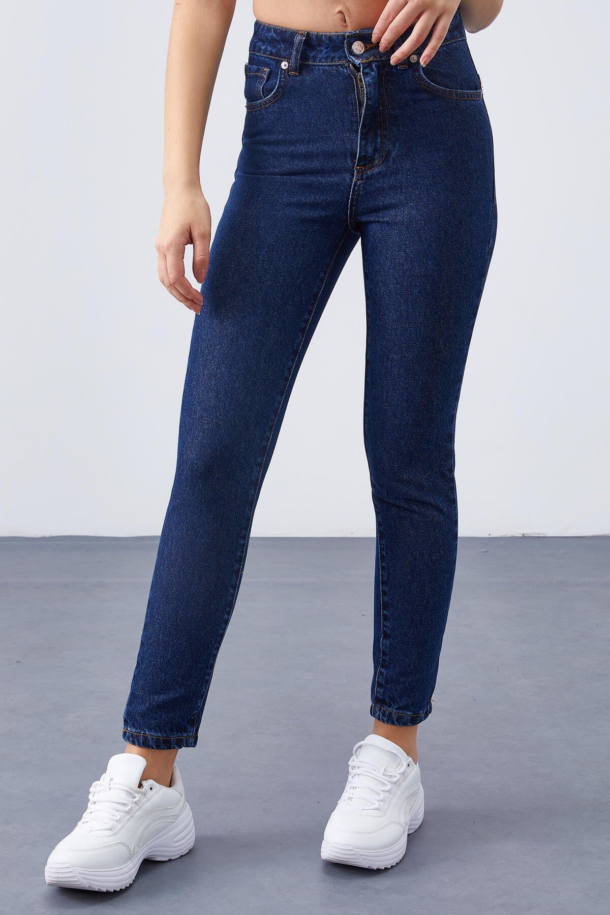 Dark Blue High-Waist Slim Fit Women's Trousers - 94612