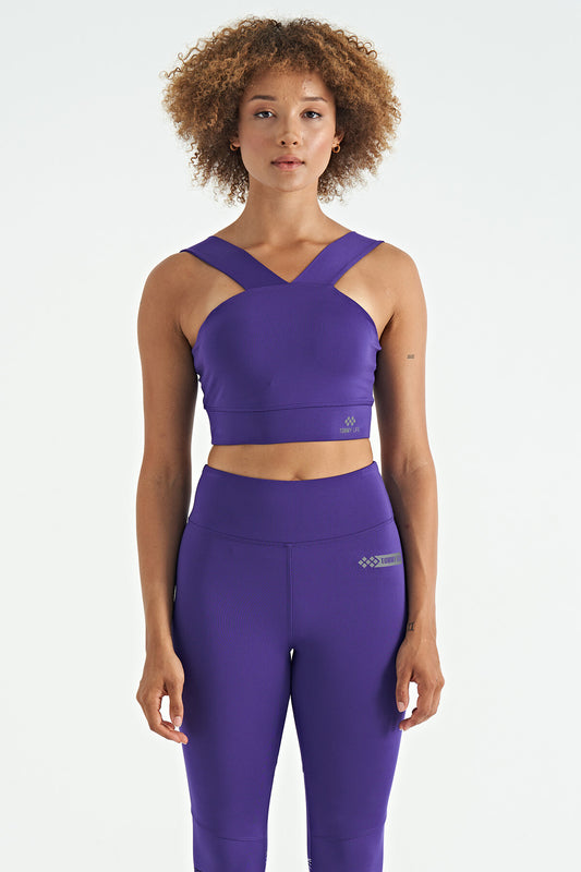 Dark Purple Logo Printed Slim Fit Scuba Fabric Women's Bustier - 97259