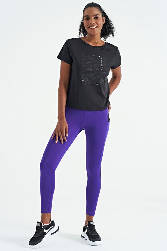 Dark Purple Front Back Strip Detailed Hidden Pocket High Waist Slim Fit Women's Tights - 94630