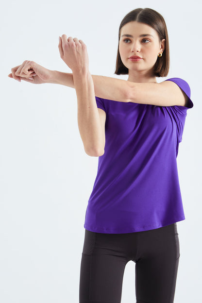Dark Purple Short Sleeve Standard Fit O Neck Women's T-Shirt with Back Window - 97101