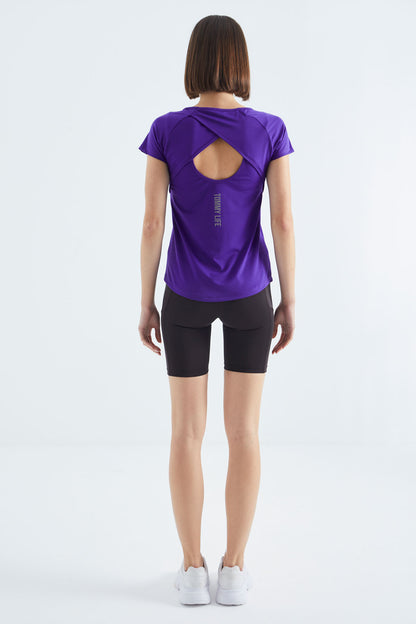 Dark Purple Short Sleeve Standard Fit O Neck Women's T-Shirt with Back Window - 97101