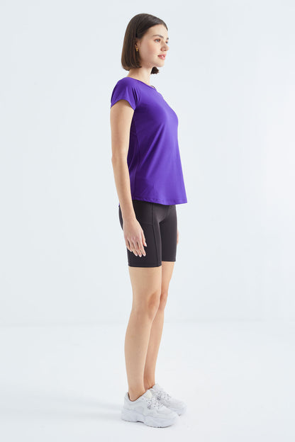 Dark Purple Short Sleeve Standard Fit O Neck Women's T-Shirt with Back Window - 97101